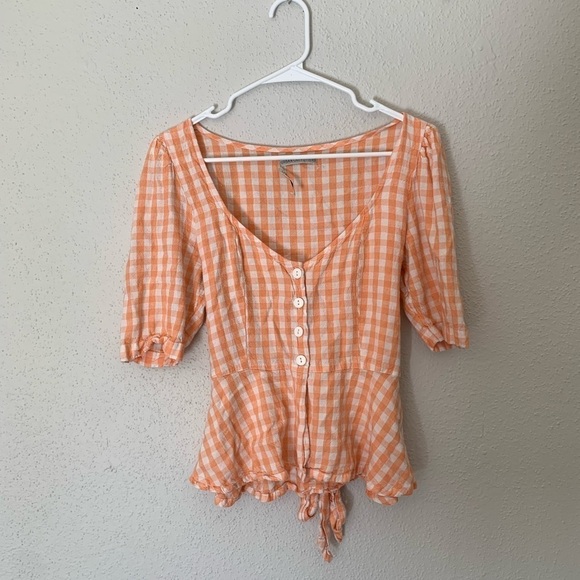 Urban Outfitters Orange Gingham Plaid Blouse Size L - Picture 3 of 9